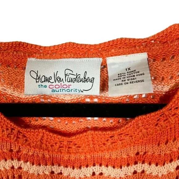Vintage Diane Von Furstenberg Oversized Orange Striped Crochet Knit Sweater, 1X - Picture 2 of 8